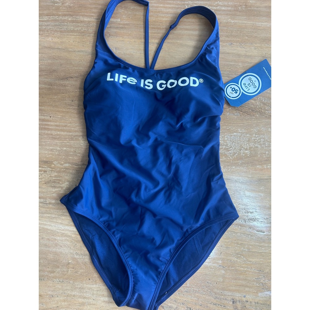 Life Is Good Womens One Piece Swimsuit Navy Blue Lace Up Back‎ UPF 50+ Medium